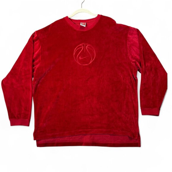 VINTAGE Nike Sweatshirt Mens XL Red Velour Basketball Swoosh Embroidered 90s - Picture 1 of 12